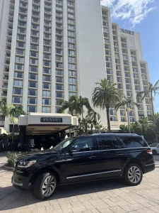 In Style Transportation black Lincoln Navigator at Pendry Newport Beach hotel in Newport Beach, California